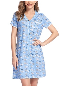 Short Sleeve Nightgowns for Women, Cute Pajama Top Buttom Down Sleep Shirt Dress