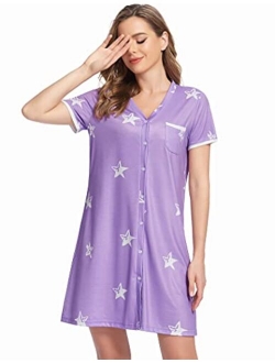 Short Sleeve Nightgowns for Women, Cute Pajama Top Buttom Down Sleep Shirt Dress