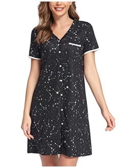 Short Sleeve Nightgowns for Women, Cute Pajama Top Buttom Down Sleep Shirt Dress