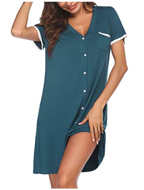 Ekouaer Short Sleeve Nightgowns for Women, Cute Pajama Top Buttom Down Sleep Shirt Dress