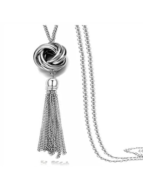 Long Tassel Necklace Silver Tone Lovely Knot Tassel Pendant Knot Snake Chain for Women