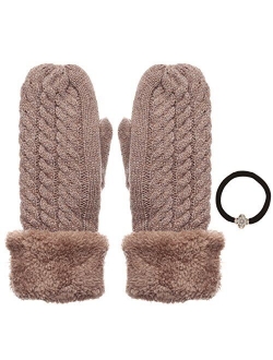 Women's Winter Warm Cable Knitted Mitten Plush Lining Gloves with Hair Tie.