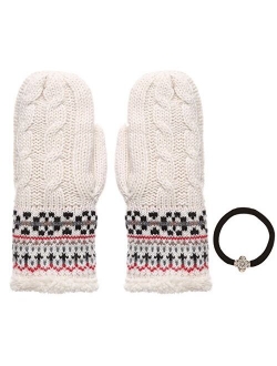 Women's Winter Warm Cable Knitted Mitten Plush Lining Gloves with Hair Tie.