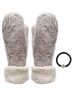 Women's Winter Warm Cable Knitted Mitten Plush Lining Gloves with Hair Tie.