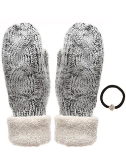 Women's Winter Warm Cable Knitted Mitten Plush Lining Gloves with Hair Tie.