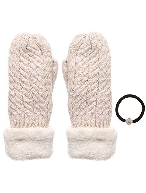 Women's Winter Warm Cable Knitted Mitten Plush Lining Gloves with Hair Tie.