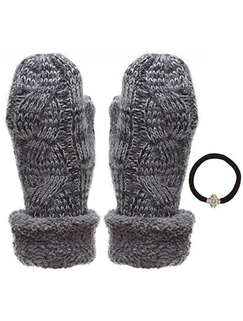 Women's Winter Warm Cable Knitted Mitten Plush Lining Gloves with Hair Tie.