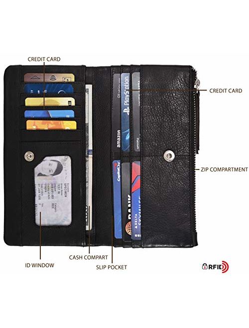 RFID Soft Flexible Leather Wallet for Women-Credit Card Slots, Mobile case Coin Purse with ID Window - Handmade by LEVOGUE