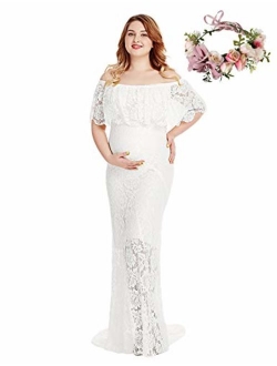 Women's Off Shoulder Short Sleeve Ruffles Lace Maternity Gown Maxi Photography Dress