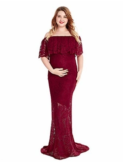 Women's Off Shoulder Short Sleeve Ruffles Lace Maternity Gown Maxi Photography Dress