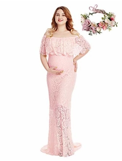 Women's Off Shoulder Short Sleeve Ruffles Lace Maternity Gown Maxi Photography Dress