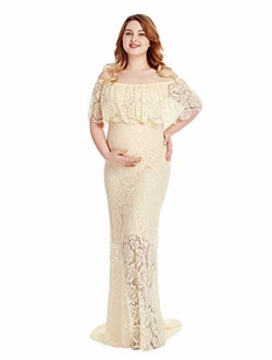 Women's Off Shoulder Short Sleeve Ruffles Lace Maternity Gown Maxi Photography Dress