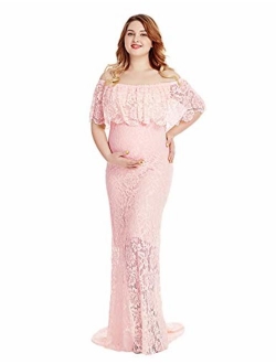 Women's Off Shoulder Short Sleeve Ruffles Lace Maternity Gown Maxi Photography Dress