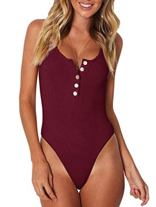 REORIA Women's Sexy Scoop Neck Racerback Tank Top Button Down Bodysuits