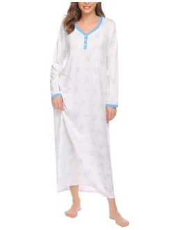 Womens Nightshirt Long Sleeves Nightgown, Casual Button Up Sleepwear Henley Full Length Sleep Dress