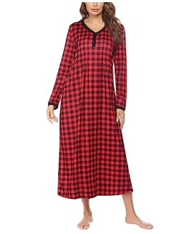 Womens Nightshirt Long Sleeves Nightgown, Casual Button Up Sleepwear Henley Full Length Sleep Dress