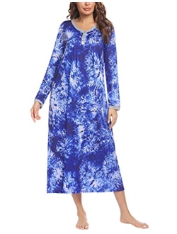 Womens Nightshirt Long Sleeves Nightgown, Casual Button Up Sleepwear Henley Full Length Sleep Dress