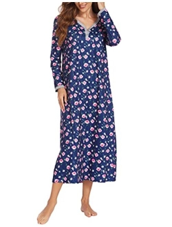 Womens Nightshirt Long Sleeves Nightgown, Casual Button Up Sleepwear Henley Full Length Sleep Dress