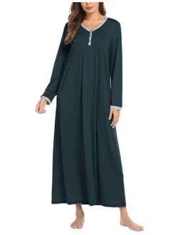 Womens Nightshirt Long Sleeves Nightgown, Casual Button Up Sleepwear Henley Full Length Sleep Dress