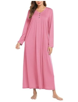 Womens Nightshirt Long Sleeves Nightgown, Casual Button Up Sleepwear Henley Full Length Sleep Dress