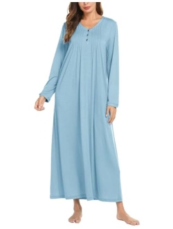 Womens Nightshirt Long Sleeves Nightgown, Casual Button Up Sleepwear Henley Full Length Sleep Dress