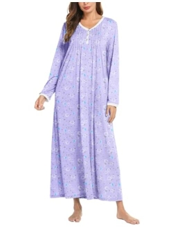 Womens Nightshirt Long Sleeves Nightgown, Casual Button Up Sleepwear Henley Full Length Sleep Dress