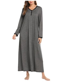 Womens Nightshirt Long Sleeves Nightgown, Casual Button Up Sleepwear Henley Full Length Sleep Dress