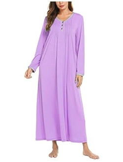 Womens Nightshirt Long Sleeves Nightgown, Casual Button Up Sleepwear Henley Full Length Sleep Dress