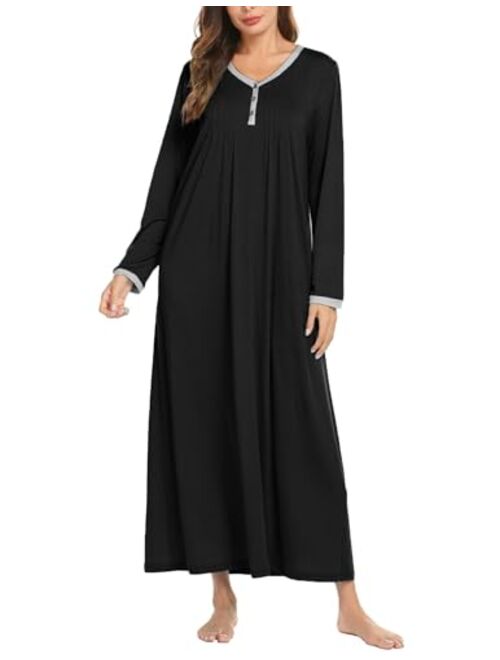 Ekouaer Womens Nightshirt Long Sleeves Nightgown, Casual Button Up Sleepwear Henley Full Length Sleep Dress