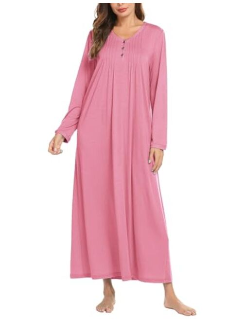 Ekouaer Womens Nightshirt Long Sleeves Nightgown, Casual Button Up Sleepwear Henley Full Length Sleep Dress