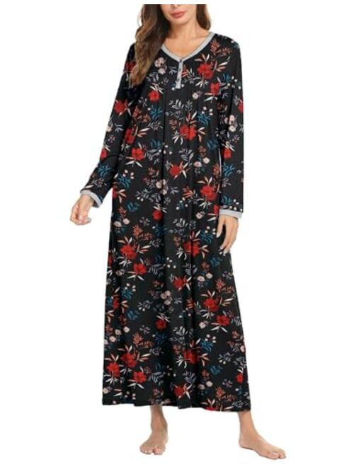 Ekouaer Womens Nightshirt Long Sleeves Nightgown, Casual Button Up Sleepwear Henley Full Length Sleep Dress