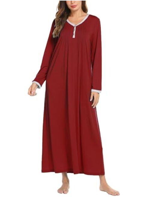 Ekouaer Womens Nightshirt Long Sleeves Nightgown, Casual Button Up Sleepwear Henley Full Length Sleep Dress