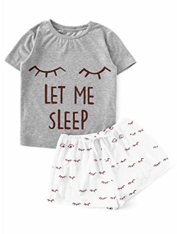 Women's Sleepwear Closed Eyes Print Tee and Shorts Pajama Set