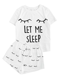 Women's Sleepwear Closed Eyes Print Tee and Shorts Pajama Set