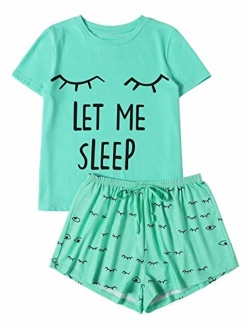 Women's Sleepwear Closed Eyes Print Tee and Shorts Pajama Set