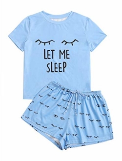 Women's Sleepwear Closed Eyes Print Tee and Shorts Pajama Set