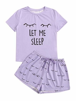 Women's Sleepwear Closed Eyes Print Tee and Shorts Pajama Set