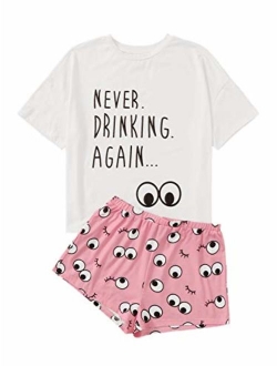 Women's Sleepwear Closed Eyes Print Tee and Shorts Pajama Set