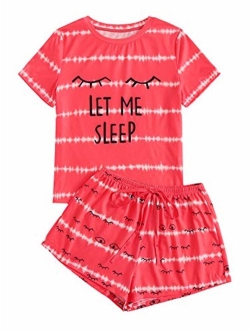 Women's Sleepwear Closed Eyes Print Tee and Shorts Pajama Set