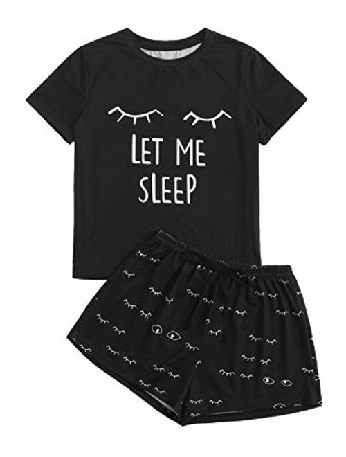 WDIRARA Women's Sleepwear Closed Eyes Print Tee and Shorts Pajama Set