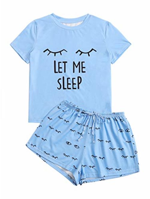 WDIRARA Women's Sleepwear Closed Eyes Print Tee and Shorts Pajama Set