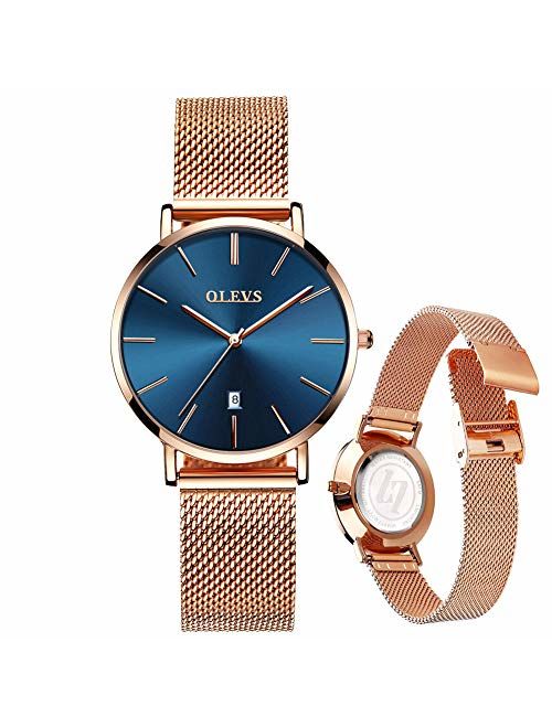 Women's Steel Mesh Watch,Ultra Thin Watch for Ladies,Date Watch,Waterproof Watch,Watch with Rose Gold/Black Mesh,Fashion Watch,OLEVS,Lady Luxury Watch,Quartz Gift Watch,W