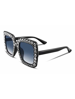 Women Sparkling Crystal Sunglasses Oversized Square Thick Frame B2283