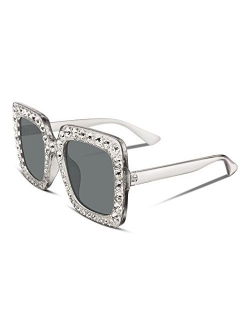 Women Sparkling Crystal Sunglasses Oversized Square Thick Frame B2283