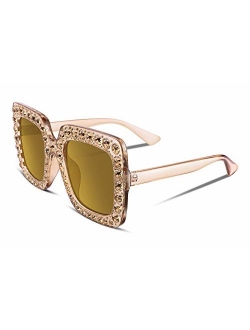 Women Sparkling Crystal Sunglasses Oversized Square Thick Frame B2283