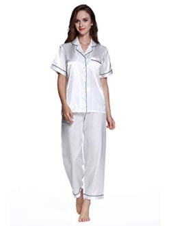 Lavenderi Women's Short Sleeve Classtic Satin Pajama Set