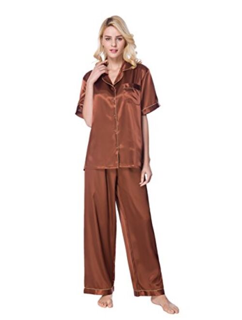 Lavenderi Women's Short Sleeve Classtic Satin Pajama Set