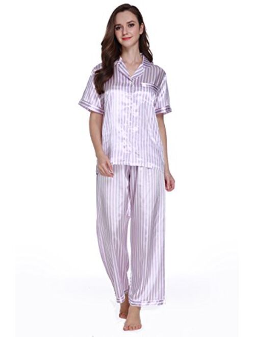 Lavenderi Women's Short Sleeve Classtic Satin Pajama Set