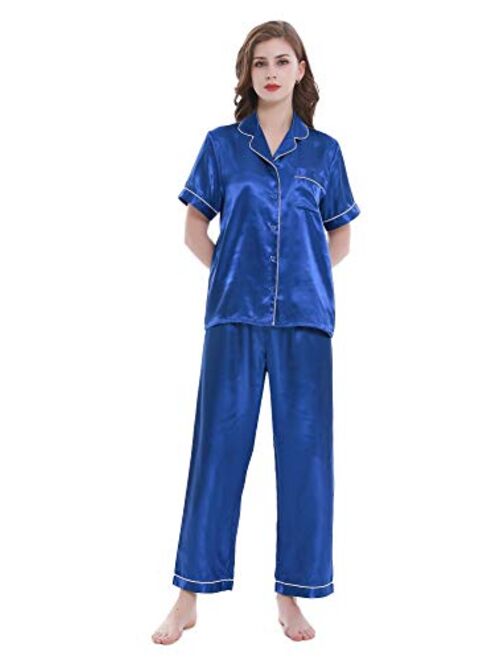 Lavenderi Women's Short Sleeve Classtic Satin Pajama Set