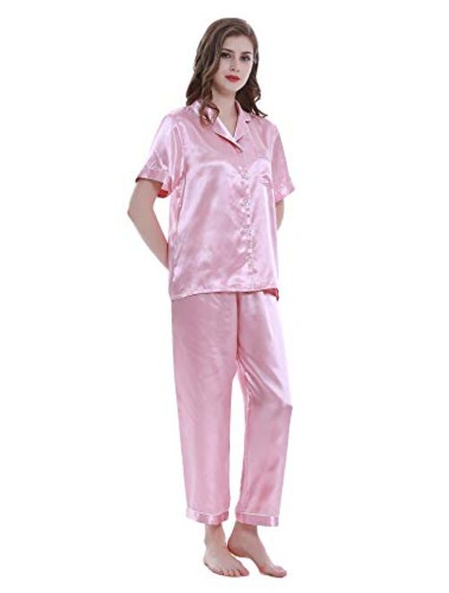 Lavenderi Women's Short Sleeve Classtic Satin Pajama Set